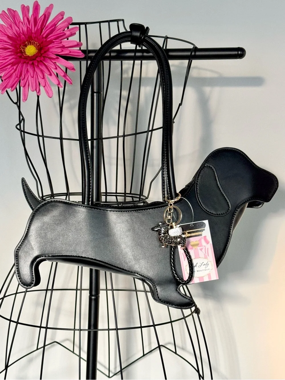 New Dachshund Weenie Dog Black Faux Leather  Shoulder Bag Purse Handbag w/ Charm